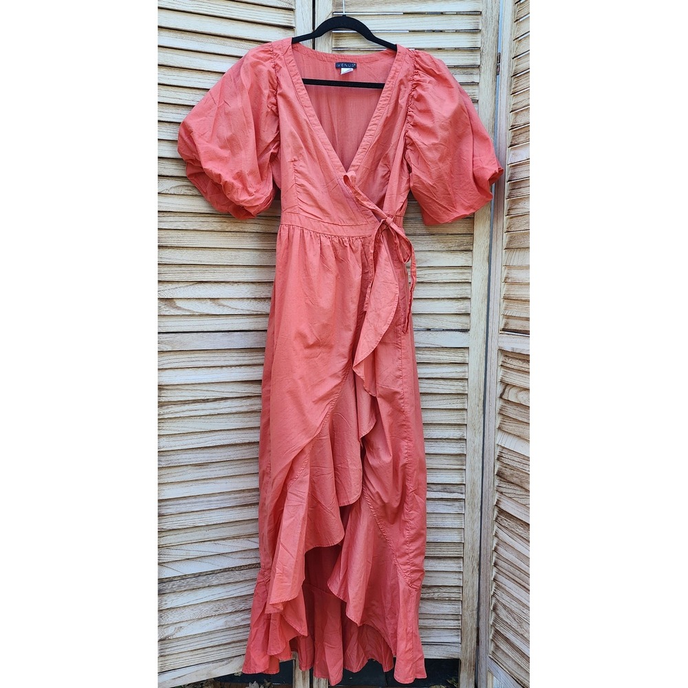 Venus Sz 10 Coral 100% Cotton Puff Sleeve High Low Wrap Maxi Dress Boho Ruffle